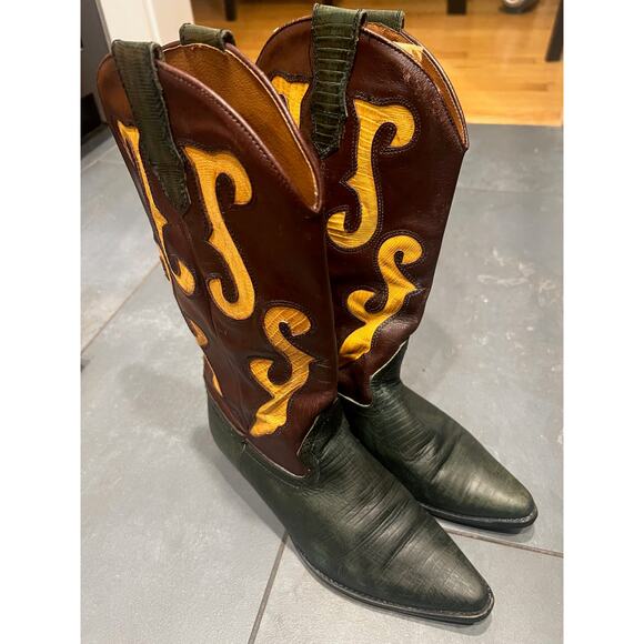 Vintage Nine West Cowboy Boots Brwn with Grn & Mustard Sz 9M Made in Brazil - Picture 2 of 8